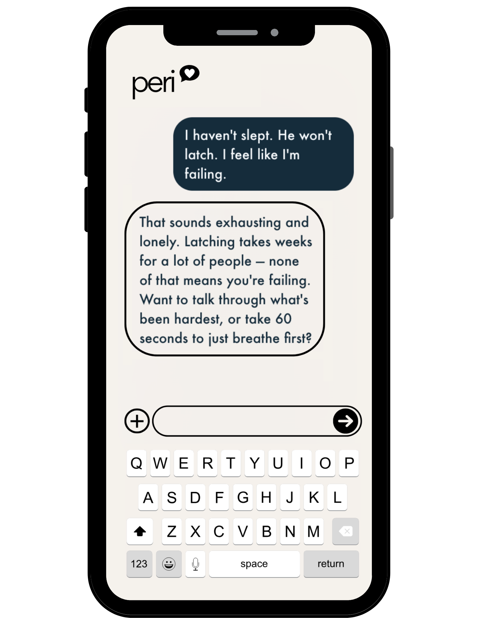 Peri app conversation on a phone: a parent shares they haven't slept and their baby won't latch, and Peri responds with validation and options.