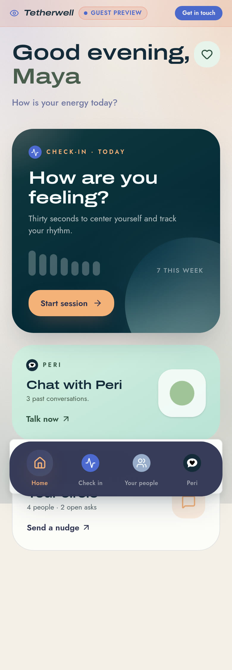 Tetherwell home screen showing today's check-in, Peri, and your people.
