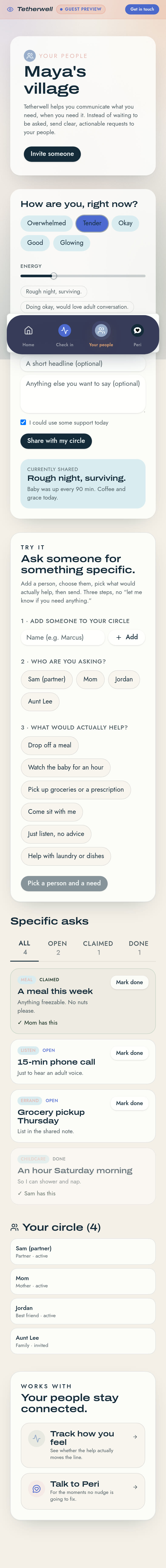 Tetherwell screen for asking your people for help.