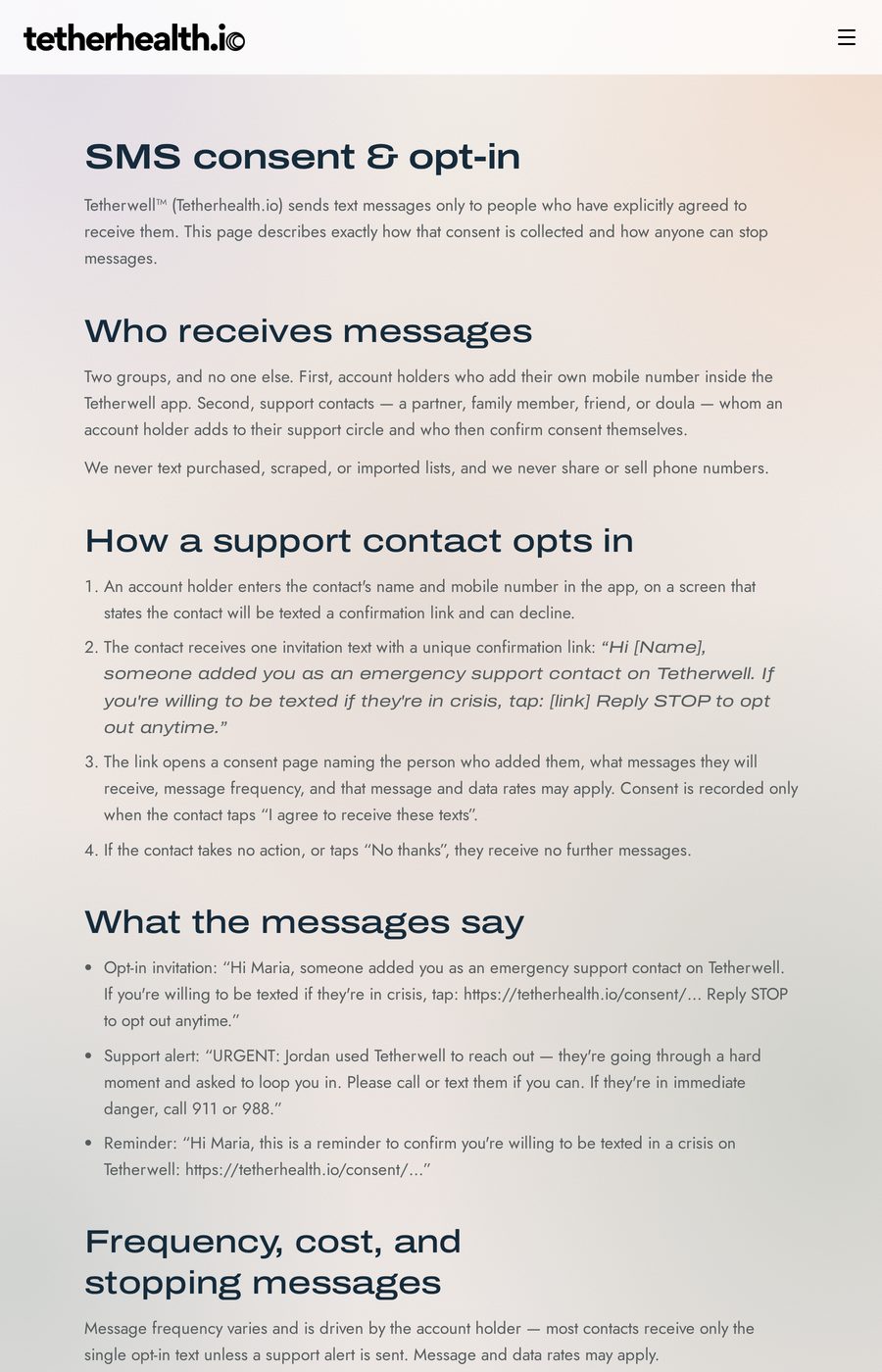 The public Tetherwell SMS consent and opt-in disclosure page.